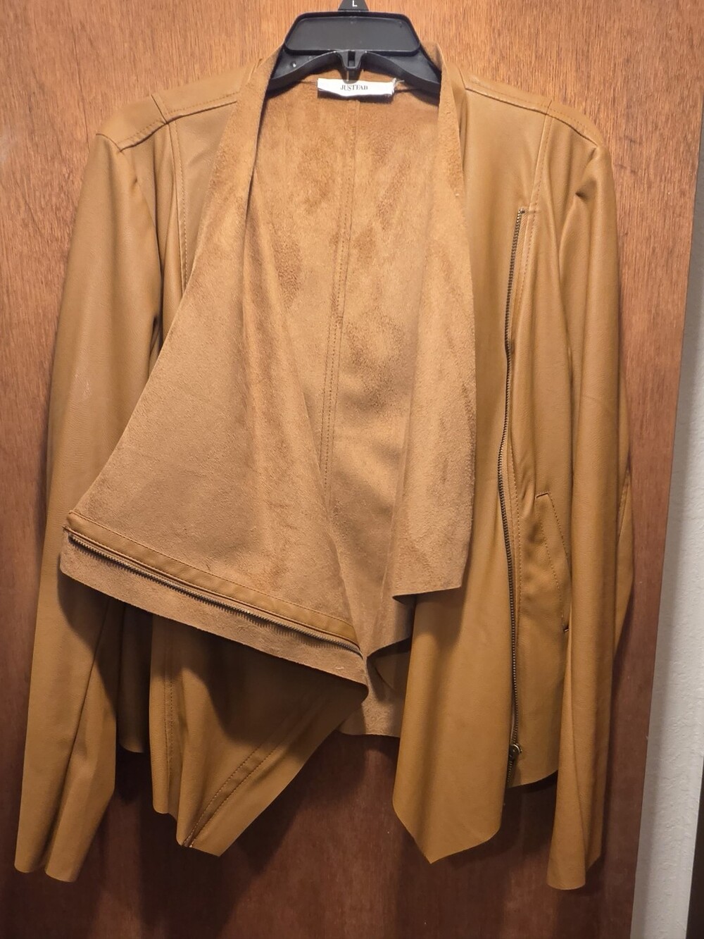 JustFab Cognac Brown/tan Faux Suede Draped Leather Jacket SzL - Picture 2 of 13